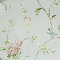 Papel de parede, floral com pássaros, colorido com fundo branco